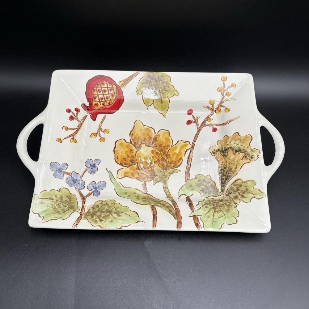 Maxcera Pomegranate Flowers‎ Two Handle Serving Tray Vintage VGUC